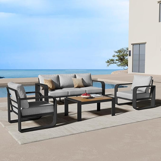 Aluminum Outdoor Patio Furniture Set, 4 Piece Oversized Patio Conversation Sets Widened Armrest & Ultra-Thick Cushions, Heavy Duty Modern Sectional Furniture for Backyard, Porch, Gray