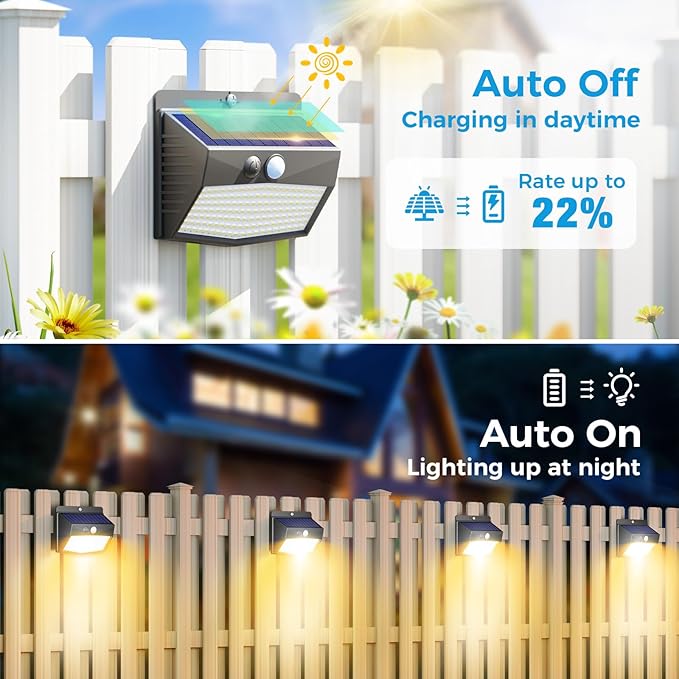 Peasur Solar Outdoor Lights, [4 Packs] Motion Sensor Security Lights with 3 Lighting Modes Wall Lights Waterproof Solar Powered Lights for Garden Yard, Warm