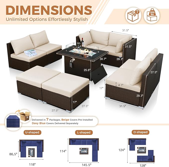 BULEXYARD 9 Piece Highback Patio Furniture Set with Fire Pit Table, Modern Modular Outdoor Sectional Couch Sofa with Ottoman, XL 8-Person Backyard Seating for Outside, Brown Wicker & Navy Blue Cushion