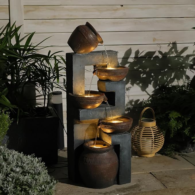 33.8" H Water Fountain Outdoor with LED Lights & Pump, 5-Tier Cascading Outdoor Fountain for Garden,Patio,Porch,Backyard,Home Art Decor (Brown)
