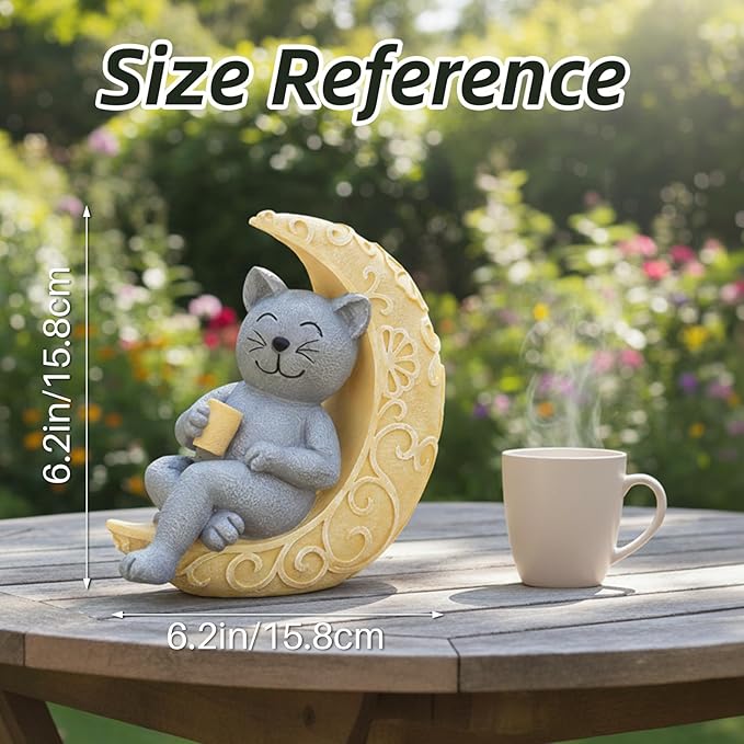PETAFLOP Solar Cat Garden Statue Decor, Moon Cat Figurine Patio Balcony Yard Lawn Outdoor, I Love You to The Moon and Back Birthday Housewarming Gifts for Mom Grandma Women Cats Lover