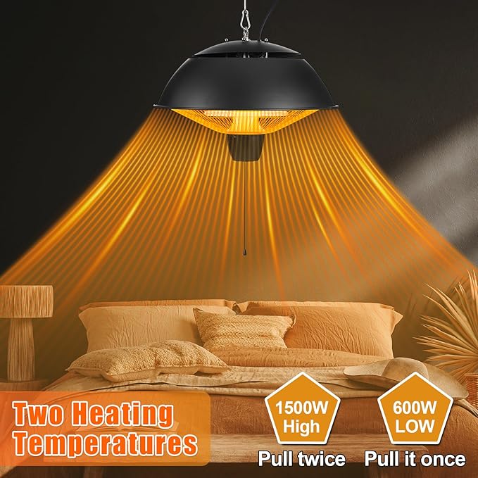Hanging Patio Heater 1500w Outdoor/Indoor Electric Infrared Hanging Ceiling Heater with Storage Bag 3s Fast Heating, Quiet, Adjustable Chain, for Home Porch Gazebo Balcony Garage Studio