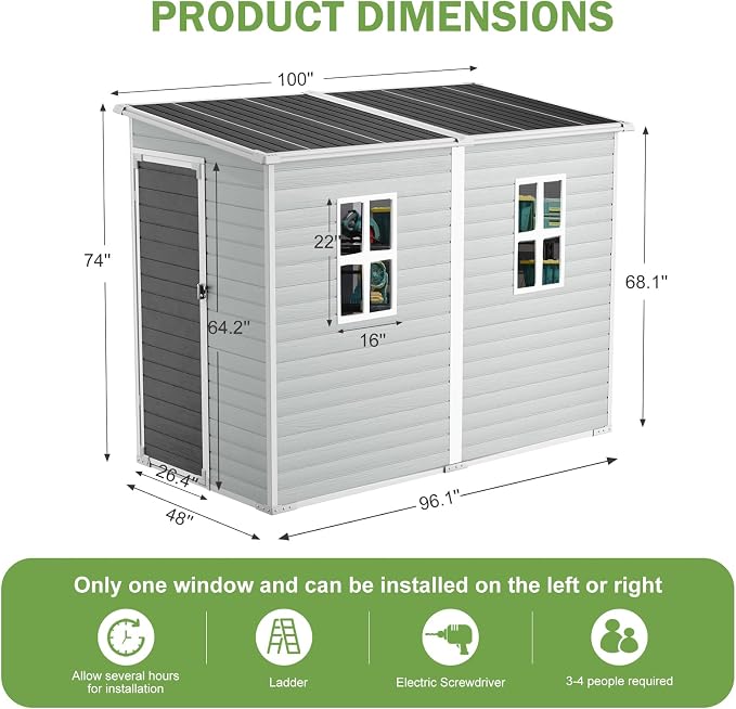 8x4x6 FT Resin Lean to Shed, Waterproof Outdoor Storage Shed with Floor, Window, Lockable Door & 2 Windows, Tool Shed for Patio Garden, Lawn, Backyard, Dove Grey - Image 6