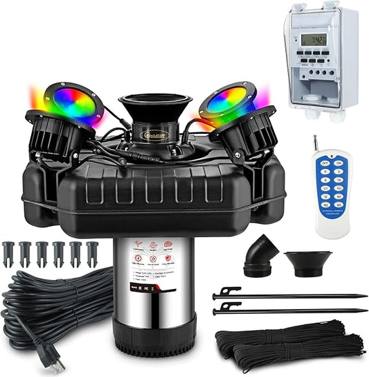 Goldlife Pond Fountain Aerator, F3 With 4 RGB Lights, 1HP 750W 110V Stainless Steel Floating Fountain With 100FT Power Cord, Octagon Aerating Fountain Pump for Small Large Pond Lake Pool Bay Fish farm