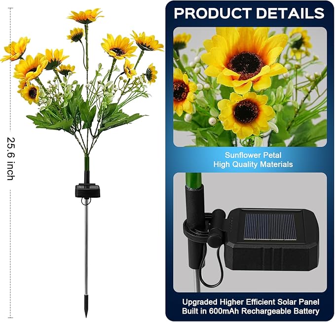 2 Pack Solar Garden Lights Outdoor, Colorful LED Waterproof Solar Powered Sunflowers Landscape Lights for Outside Yard, Patio, Pathway Decorative, D??cor, Gifts, Two Lighting Modes