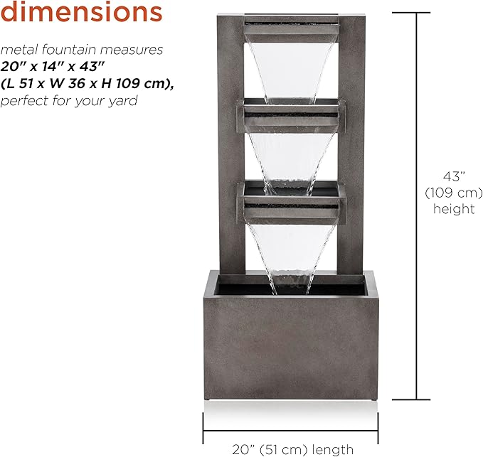 Alpine Corporation 43" Tall Multi-Tier Waterfall Fountain - Industrial Style Water Feature for Garden, Patio, Yard, Backyard, Relaxing Water Flow, and Serene Landscaping, Gray