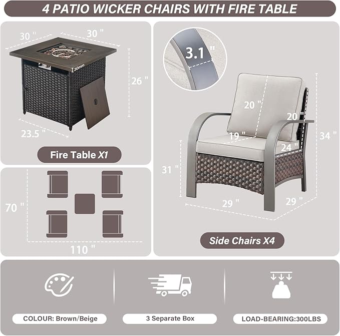 Belord 5 Piece Patio Furniture Set with Fire Pit Table - Outdoor Conversation Set with Propane Fire Pit and 4 Wicker Chairs for Backyard Patio or Casual Gathering Brown