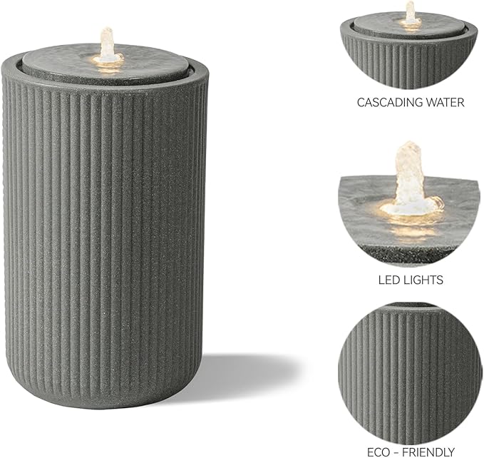 23.22” H Outdoor Water Fountain Made with Eco-Friendly Recyclable Materials, Polyethylene Round Bubbler Water Fountain Outdoor, Garden Decor with LED Light for Patio, Porch, Backyard