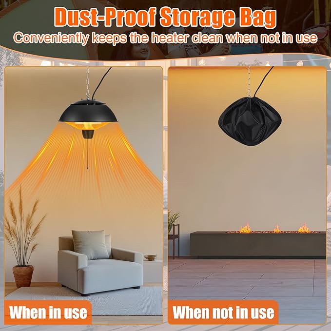 Hanging Patio Heater 1500w Outdoor/Indoor Electric Infrared Hanging Ceiling Heater with Storage Bag 3s Fast Heating, Quiet, Adjustable Chain, for Home Porch Gazebo Balcony Garage Studio