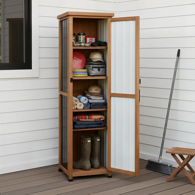 62" H Tall Narrow Outdoor Storage Cabinet with Metal Top, Outdoor Shed Storage Unit Waterproof with Adjustable Shelves for Garden, Patio, Living Room, or Entryway Storage, Black - Image 3