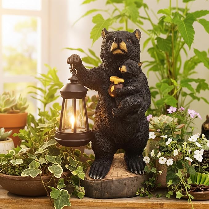 Garden Statues Bear with Solar Lantern, Outdoor Bear Figurines Decorations for Patio Yard Lawn Ornaments, Gifts for Mom/Grandma Birthday Housewarming