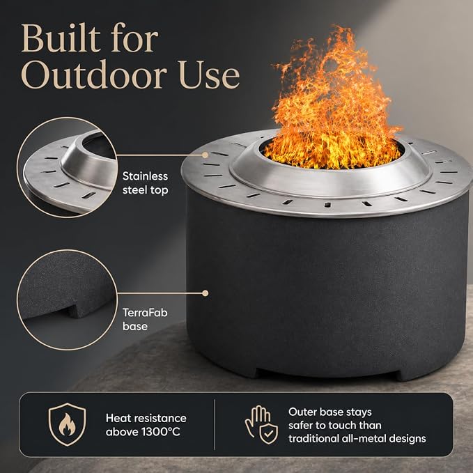 Afterglow Smokeless Fire Pit, 20.5" Round Wood Burning Stainless Steel Top & TerraFab Base, Firepit with Weather Cover Perfect for Outdoor Patio Garden, Dark Grey - Image 2