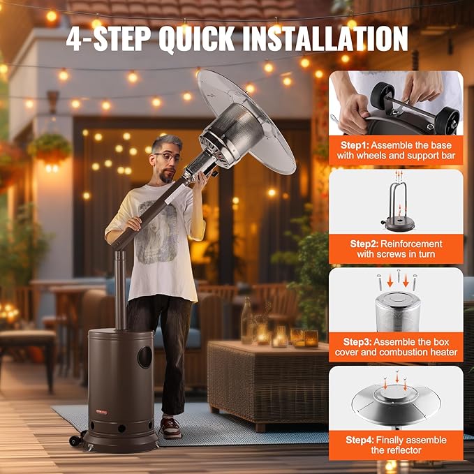 VEVOR 50000BTU Propane Patio Heater for Outdoor Use, Tall Hammered With Round Table Design, Metal Burner and Wheels, Fixed Flame Heater for Party, Backyard, Garden, Bronze