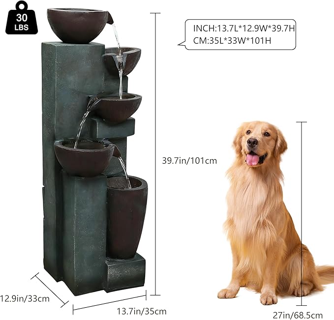 Naturefalls 39.7" Tall Outdoor Water Fountain and Waterfalls - Large Garden Fountain with LED Lights, 5-Tier Cascading, Indoor and Outdoor Fountains for Garden, Patio, Deck, Porch, Backyard and Home