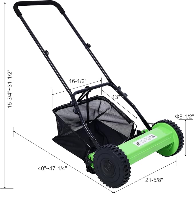 16-Inch 5-Blade Push Reel Lawn Mower with Grass Catcher (Green) - Image 2