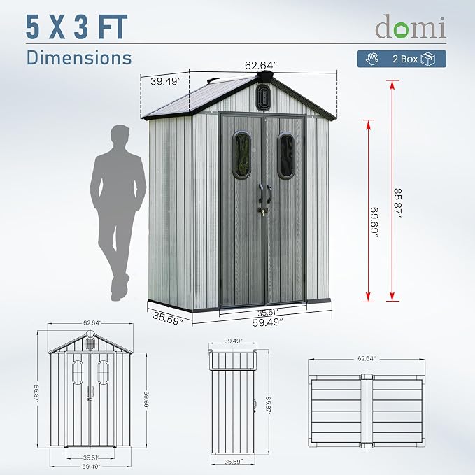 Domi 5x3 FT Outdoor Resin Storage Shed, All-Weather Double-Wall Storage Building for Backyard, Garden, Lawn Tools, Mower, Bike & Pool Equipment, Lockable Doors, Ventilated Roof, Grey - Image 3