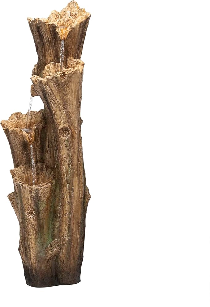 Alpine Corporation TZL268 47" Outdoor 3-Tier Tree Bark Water Fountain with LED Lights for Gardens, Patios, and Yards, Brown