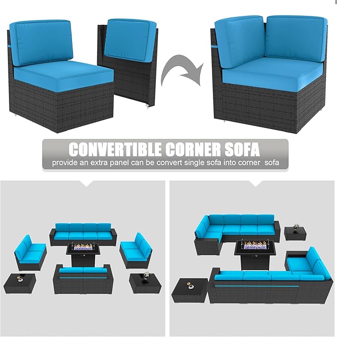 LayinSun 13 Pieces Outdoor Patio Furniture Set with 44" Fire Pit Table Rattan Sectional Sofa Conversation Sets