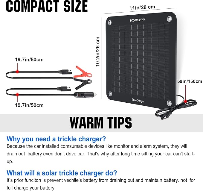 ECO-WORTHY 10W Solar Car Battery Charger Maintainer 12V Waterproof Portable Solar Trickle Charger for Car Truck Boat Lawn Mower RV Trailer Tractor ATV Utility Vehicle Battery - Image 6