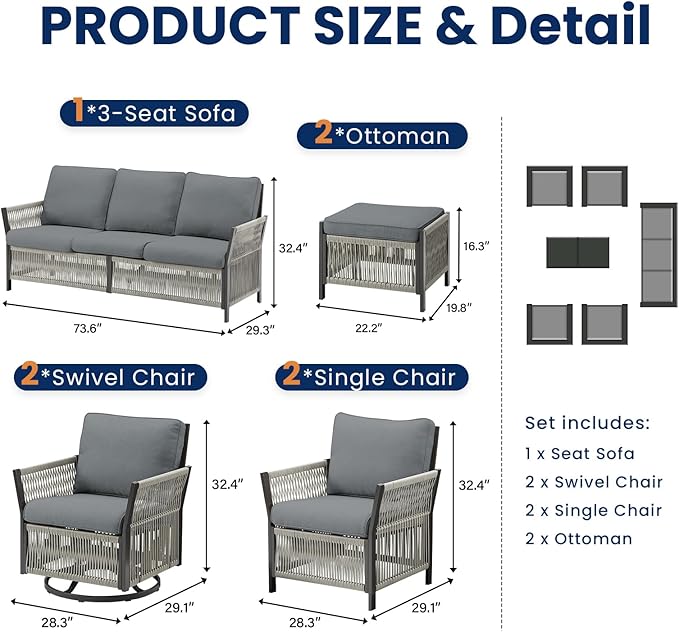 Wicker Outdoor Furniture Set, 7 Piece Patio Conversation Sets, Comfort Swivel Rocker Glider Patio Chairs Set of 2 with Ottoman and Rattan Sofa (Grey)