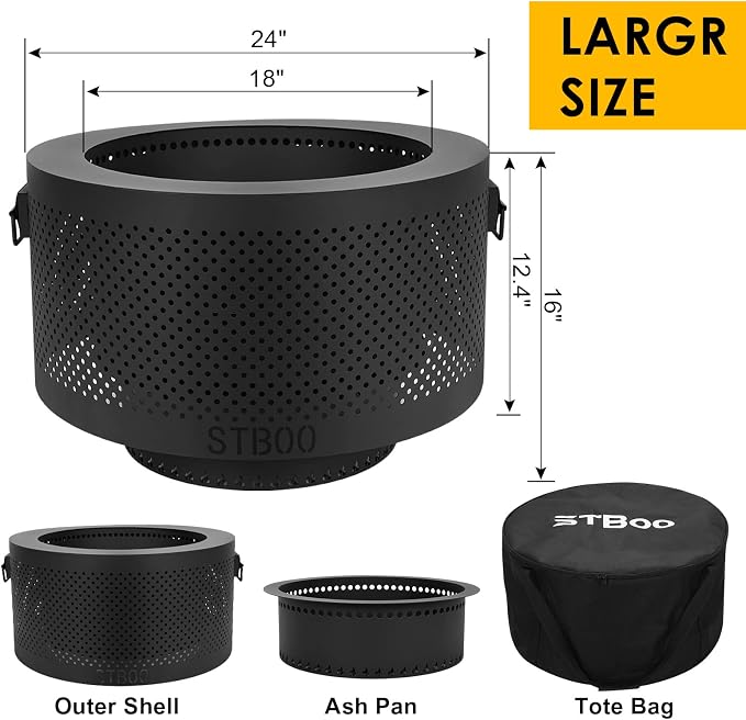 24 Inch Smokeless Fire Pits for Outside with Portable Carrying Storage Bag, Low Smoke Outdoor Fireplace for Bonfire Picnic Backyard on Beach, Black, XL - Image 3