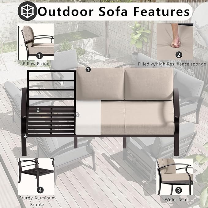 Aluminum Patio Furniture Set with Rectangular Coffee Table, 5 Seats Outdoor Patio Conversation Sets w/5.1" Cushions,Patio Conversation Sets for Garden, Backyard, Porch-Sand