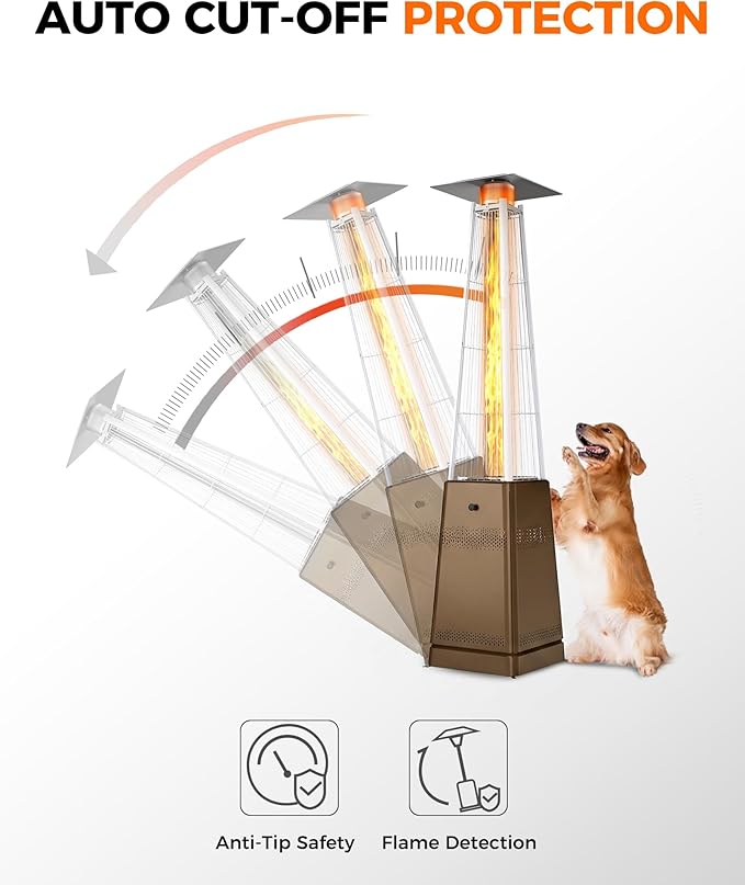 Pyramid Patio Heater, 50,000 BTU Outdoor Patio Heater, Propane Heater With Quartz Glass Tube & Wheels for Outdoor Use, Backyard, Commercial & Residential, Triple Protection System, Brown