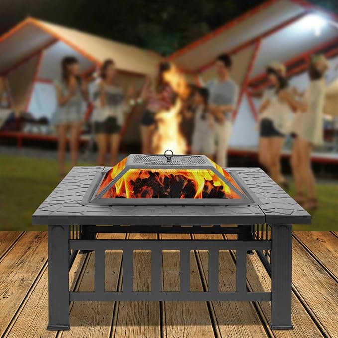 Portable Metal Fire Bowl Iron Brazier Wood Burning Fire Pit for Backyard Poolside Courtyard (32Inch, Black Square) - Image 3