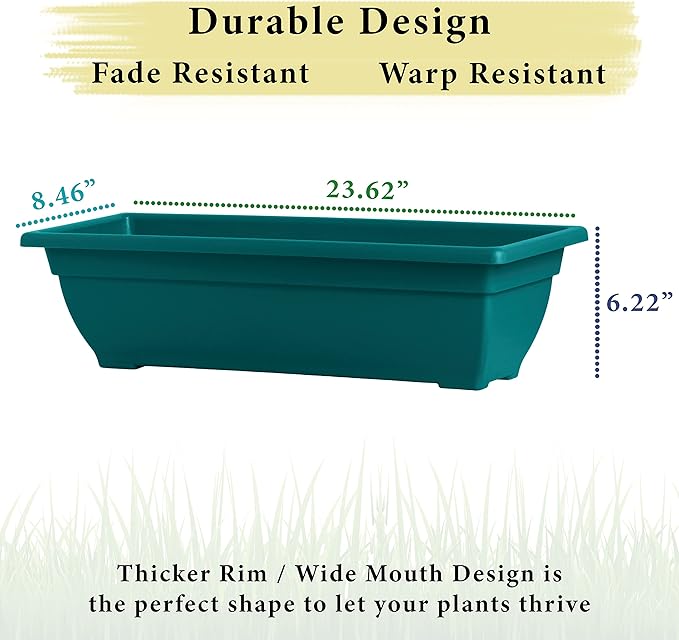 Rectangle Planter Box, 24 Inch Indoor/Outdoor Rectangular Planter, Durable UV Resistant, 4 Gallon Plastic Window Box Trough, Use for Herbs, Succulents, Vegetables (Gem | 4 Pack)