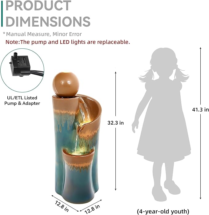 32" H Ceramic Outdoor Water Fountain with LED Lights, 3-Tier Cascading Sphere Water Feature, Tranquil Waterfall for Relaxing Garden, Patio, Yard, or Porch, Teal & Copper Drip-Glaze Finish