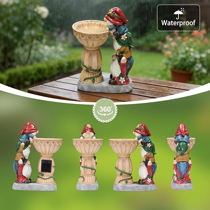 Garden Gnomes Outdoor Gnomes Garden Decorations for Yard Colorful Lights Resin Solar Outdoor Statues with Bird Bath Feeder Funny Outside Lawn Patio Housewarming Gifts 6.25 * 4.25 * 9.25 in