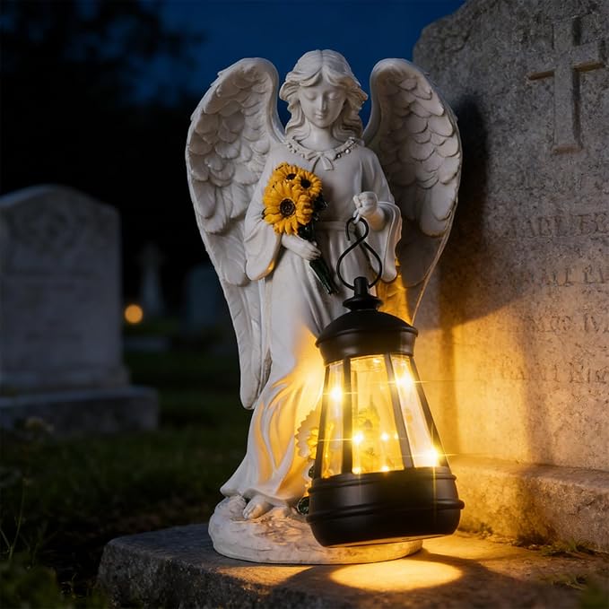 Sympathy Gifts for Loss of Loved One- 8.8" Resin Angel Figurines Holding Sunflowers Waterproof Angel Decor Cemetery Decorations for Grave-Grave Decorations for Cemetery