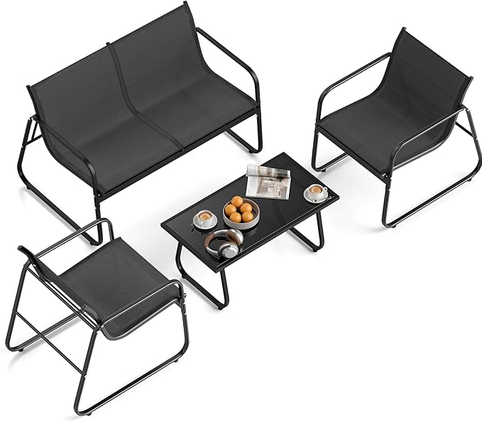 HAPPYGRILL 4 Pieces Patio Conversation Set, Fabric Lawn Chairs and Loveseat with Tempered Glass Coffee Table, Heavy Duty Metal Frame, Outdoor Furniture Set for Porch, Garden and Poolside