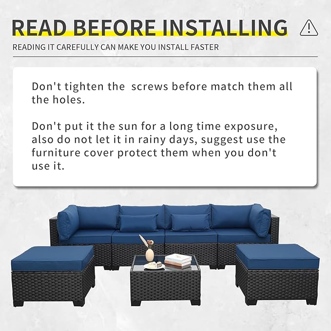 7 Pieces Outdoor PE Wicker Furniture Set Patio Rattan Sectional Conversation Sofa Set with Navy Blue Cushions and Glass Top Table