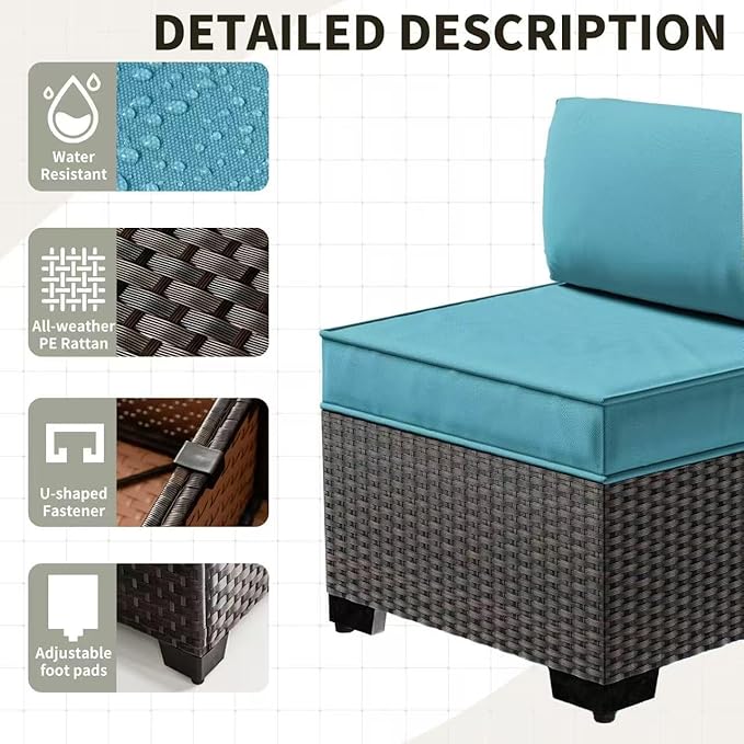 Gotland 6 Pieces Patio Furniture Set with 1 Coffee Table, 5 Seater Rattan Outdoor Sectional with Wide Armrests 29.5'' High Backrest Thick Cushions, Conversation Sets for Deck Garden Greenblue