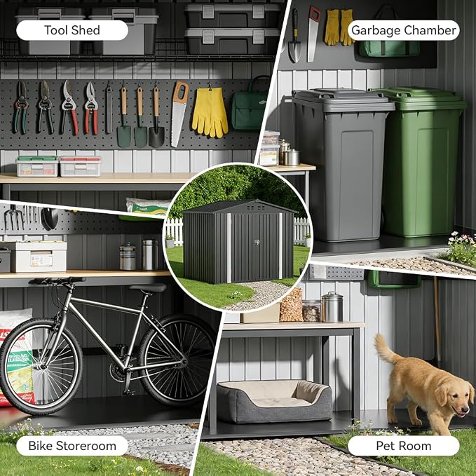 COMHOMA Shed Storage Outdoor Metal Windowed Lockable Weatherproof Ventilated Backyard Garden Utility Workshop(Grey,8'*6') - Image 4