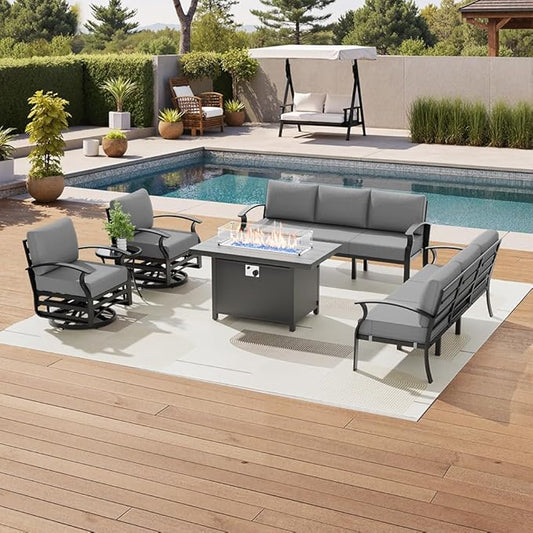 Aluminum Patio Furniture Set with Fire Pit Table, 8 Seats Outdoor Patio Conversation Sets with Swivel Chair Modern Metal Sectional Sofa with Upgrade Cushions for Patio, Backyard - Grey