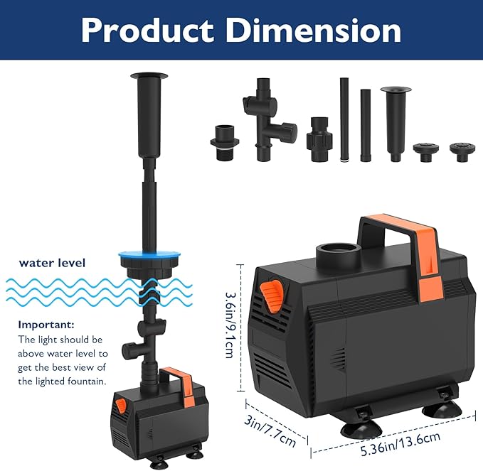 AquaMiracle Pond Fountain Pump with Automatic Colorful LED for Outdoor Ponds 200-600 Gal, 600GPH Submersible Water Pump for Fountain, Pond, Garden, Water Feature, Bird Baths