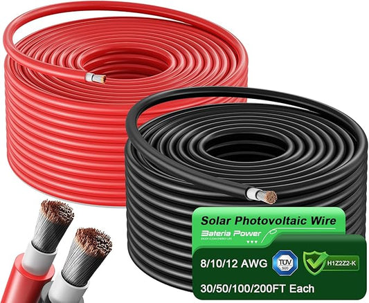 Bateria Power 2x50 Feet 8AWG (10mm²) Solar Panel Wire, Tinned Copper Solar Panel Extension Cable PV Wiring for Photovoltaic Solar System, Automotive RVs, Marine (50FT Red + 50FT Black) by BateriaPower