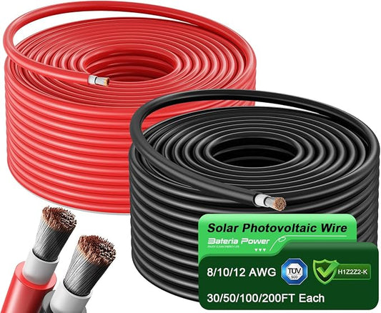 Bateria Power 2x50 Feet Solar Panel Wire, 12AWG (4mm²) Tinned Copper Solar Panel Extension Cable PV Wiring for Photovoltaic Solar System, Automotive RVs, Marine (50FT Red + 50FT Black) by BateriaPower