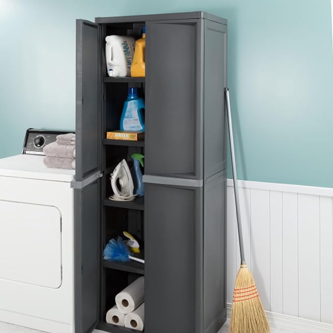 Sterilite 4 Shelf Cabinet, Heavy Duty and Easy to Assemble Plastic Storage Unit, Organize Bins in the Garage, Basement, Attic, Mudroom, Gray, 1-pack - Image 7