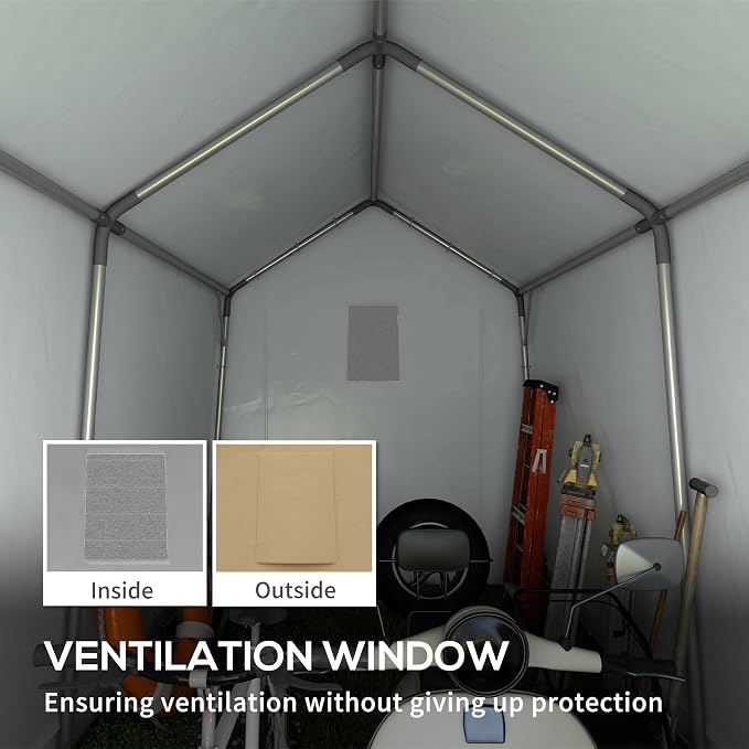 Outsunny 7' x 12' Portable Storage Shed Shelter, Heavy Duty Outdoor Shed, Waterproof Garden Storage Tent with Ventilation Window and Roll-up Zipper Door for Bike, Motorcycle, Garden Tools, Beige - Image 6