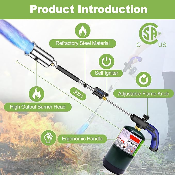 Heavy Duty Propane Weed Burner Torch, 30" Self-Igniting Flame Thrower with Rubber Grip for Garden Weeding, BBQ Lighting, Driveway & Snow Clearing(Fuel Cylinder Not Included) - Image 2