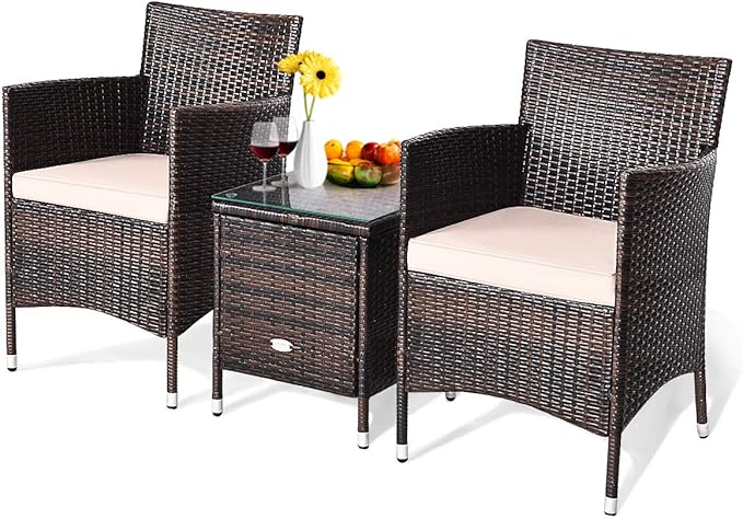 HAPPYGRILL 3 Piece Patio Set Wicker Rattan Furniture Set Outdoor Rattan Conversation Set with Coffee Table Chairs & Thick Cushions Bistro Sets for Patio Garden Lawn Backyard Pool