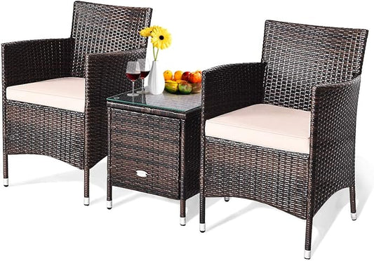 HAPPYGRILL 3 Piece Patio Set Wicker Rattan Furniture Set Outdoor Rattan Conversation Set with Coffee Table Chairs & Thick Cushions Bistro Sets for Patio Garden Lawn Backyard Pool
