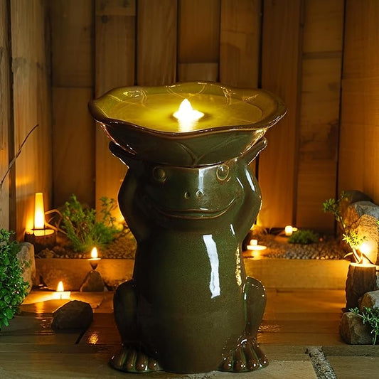 Glitzhome 21.5" H Olive Green Frog Hold a Lotus Birdbath Ceramic Outdoor Water Fountain with LED Lights and Pump, Lively Frog Statue Birdbath Fountain for Porch Deck Garden Patio Backyard