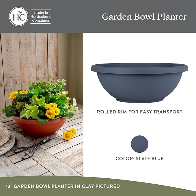 The HC Companies Shallow Planter with Drainage - Contemporary Garden Bowl Planter for Flowers, Herbs & More - Round Succulent Planter Pot for Indoors and Outdoors (14" Slate Blue, Pack of 1)