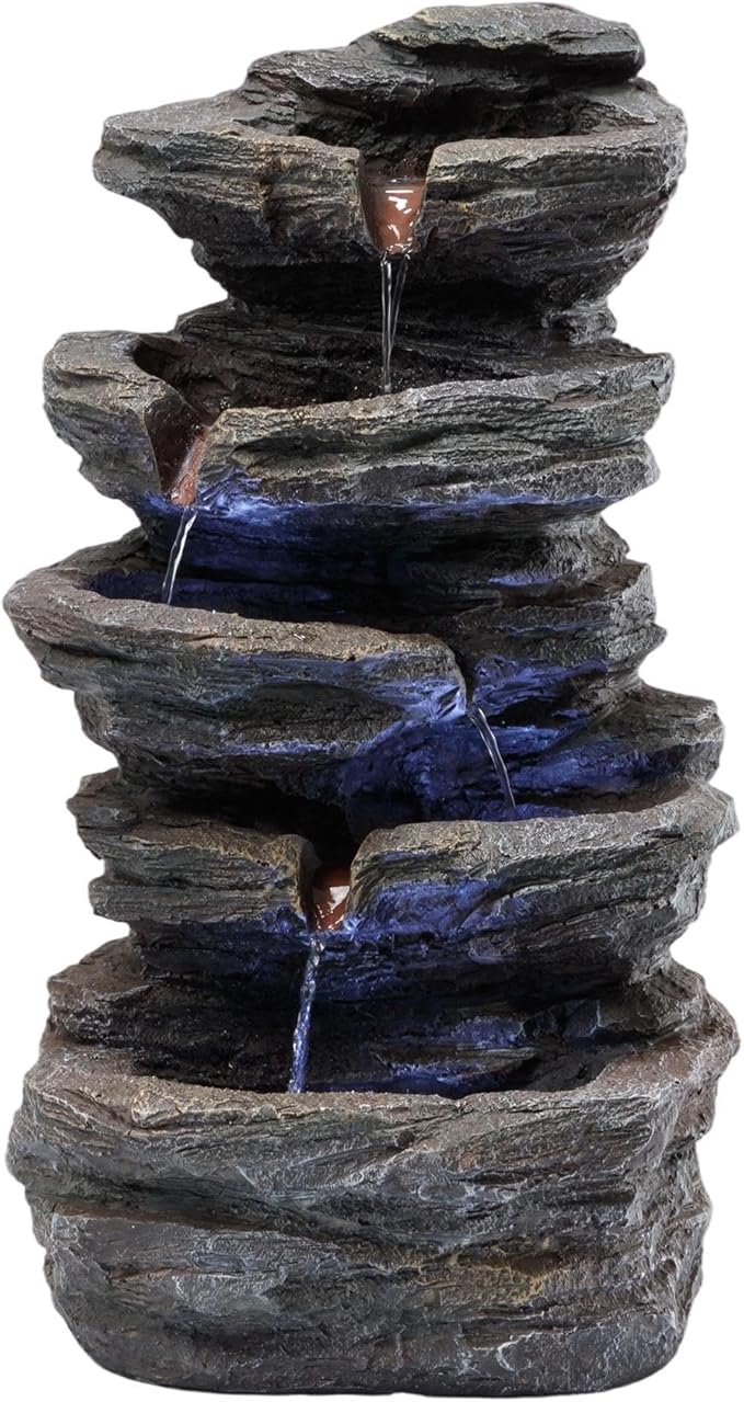 20" Outdoor Water Fountain with Lights, 5-Tiered Cascading Rock Water Fountain, Outdoor Garden Waterfall Decor for Garden, Patio, Courtyard