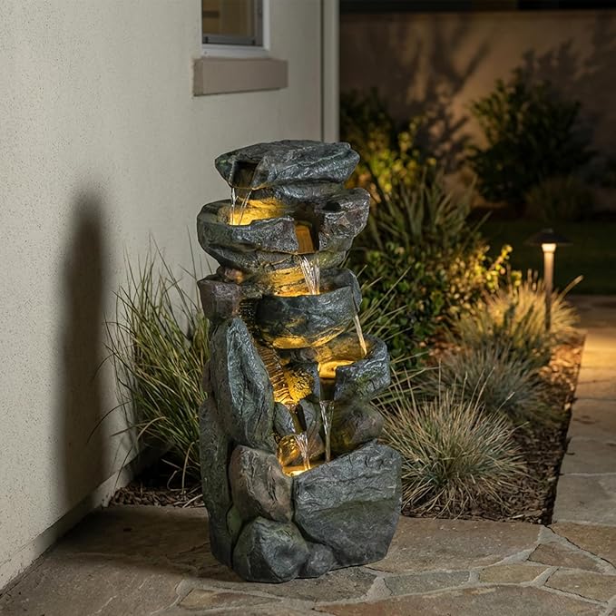 Water Features Outdoor Patio 6-Tier Cascading Rock Water Fountain 31.5''Water Fall Fountain Outside Resin Fountain with Light Mossy Rock Floor Garden Fountain Indoor for Relaxation Home Decor
