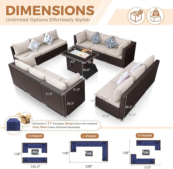 BULEXYARD 13 Piece High Back Wicker Patio Furniture Sets with Fire Pit, Elegant Oversized Outdoor Seating Set Modular, Comfy Extra Deep Wide 12-Person Sectional Couch Sofa for Backyard, Brown & Blue